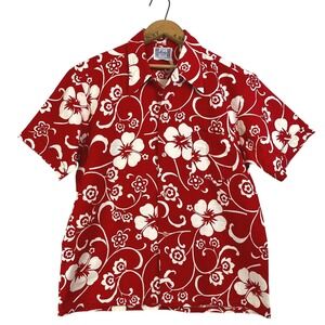 Vintage Barkcloth Aloha Hawaiian Mens L Red Hibiscus Print Short‎ Sleeve Shirt